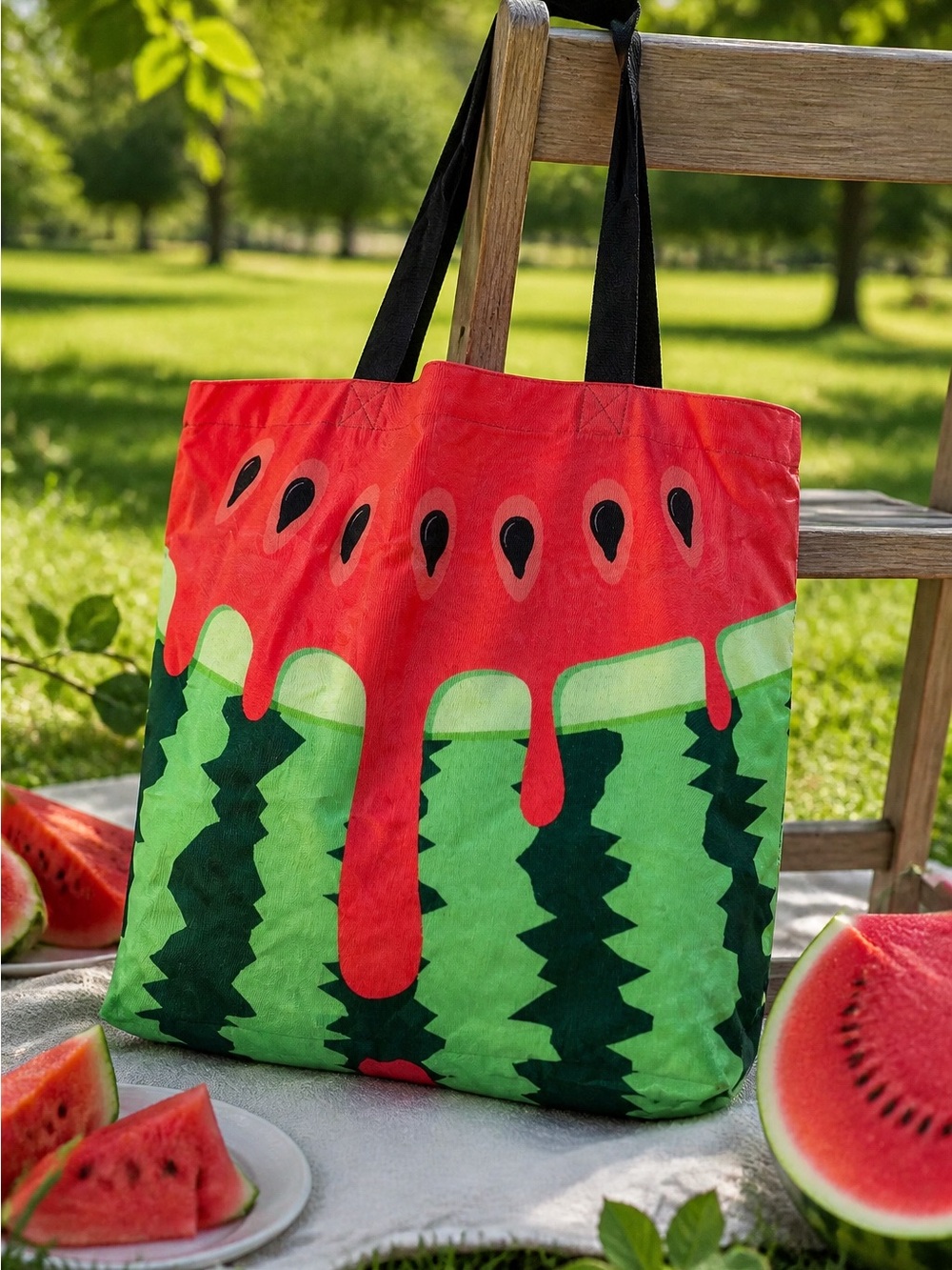 Watermelon-Print Summer Tote Bag in Green & Red with Beach Towel NWOT - Picture 2 of 3